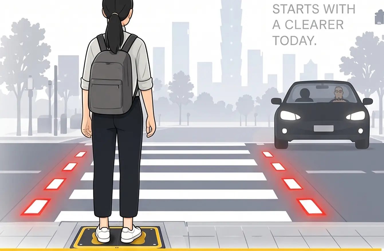 女子站在 StepCue 踏板上準備穿越斑馬線，車道兩側警示燈亮起